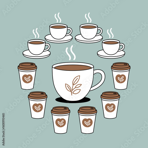 Coffee cup arrangement in a circle warm beverage concept cozy coffee time break illustration delicious drink caffeine boost
