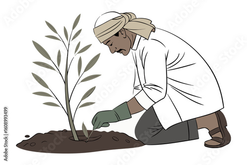 A farmer wearing a turban and traditional clothing carefully plants a young sapling in the soil symbolizing growth and environmental care