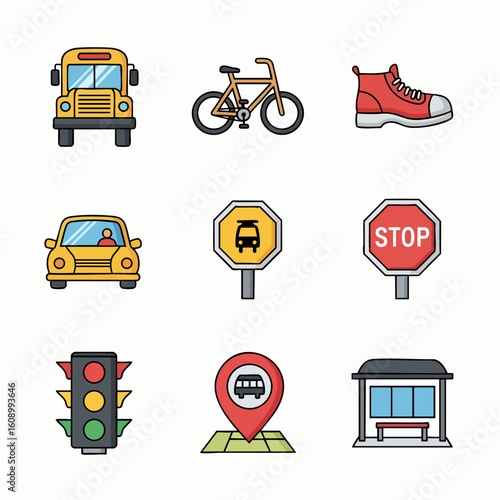 Daily commute and city transportation icons vector set