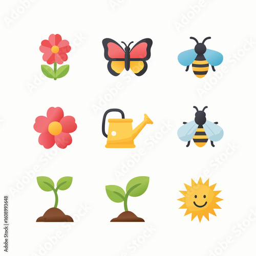 Colorful Nature Elements Gardening Icons Set