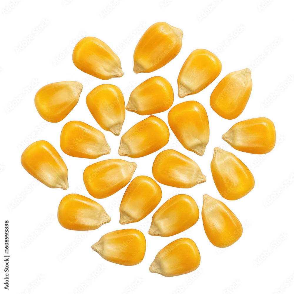 Fototapeta premium Scattered kernels of yellow popcorn on surface isolated transparent background