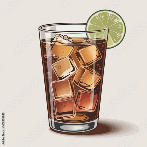 A Detailed Vector Illustration of a Tall Glass Filled with a Dark Brown Carbonated Beverage Numerous Ice Cubes and a Lime Wedge Garnish