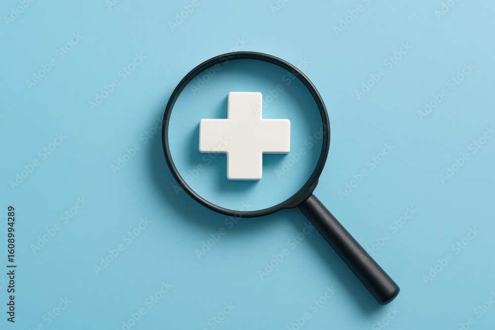Fototapeta premium Healthcare Focus: A magnifying glass over a white cross, symbolizing the precise and meticulous attention given to healthcare and medical advancements. 