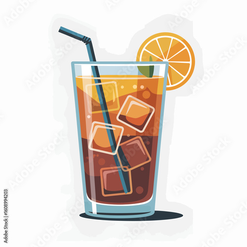 A Flat Vector Illustration of a Tall Glass of Iced Tea with Orange Slice and Straw Brown and Orange Tones
