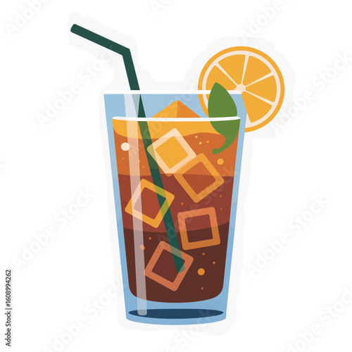 A Flat Vector Illustration of a Tall Glass of Iced Tea with Orange Slice and Mint Leaf Dark Brown Tea Cubes and Straw Light Blue Glass