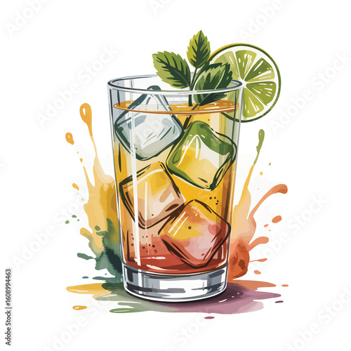 A Delicate Watercolor Painting of a Refreshing Yellow Orange and Red Cocktail in a Tall Glass with Ice Cubes Mint Sprig and Lime Wedge Against