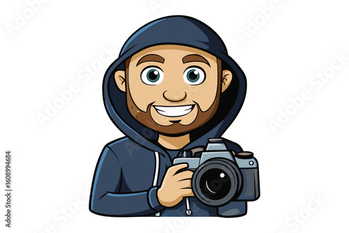 Friendly cartoon photographer with beard and hoodie holding a professional dslr camera ready to capture moments