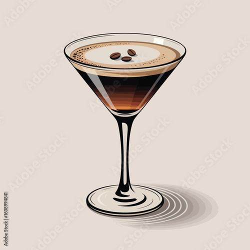 Espresso Martini Cocktail in a Martini Glass Detailed Vector Illustration Brown and Beige Tones Coffee Beans Garnish