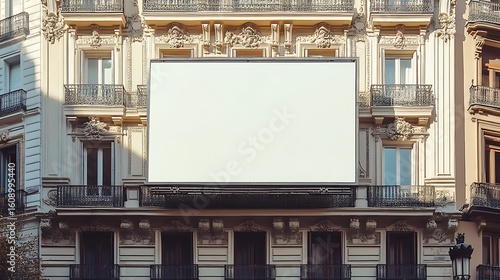 A blank billboard is mounted on an ornate building facade