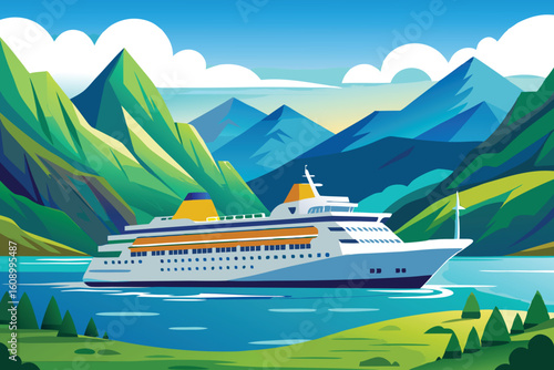 Cruise ship in the sea green mountain nature landscape vector illustration