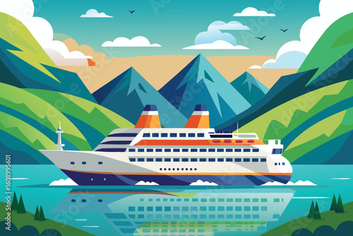 Cruise ship in the sea green mountain nature landscape vector illustration