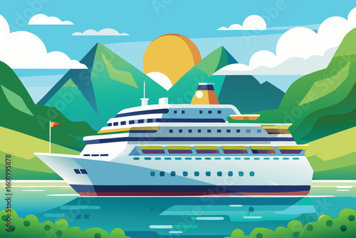 Cruise ship in the sea landscape vector illustration