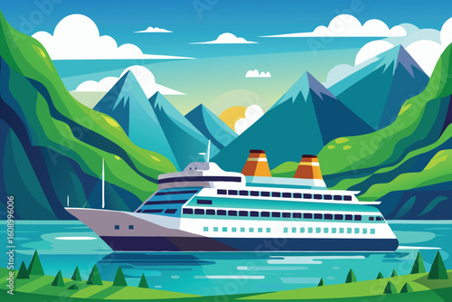Cruise ship in the sea landscape vector illustration