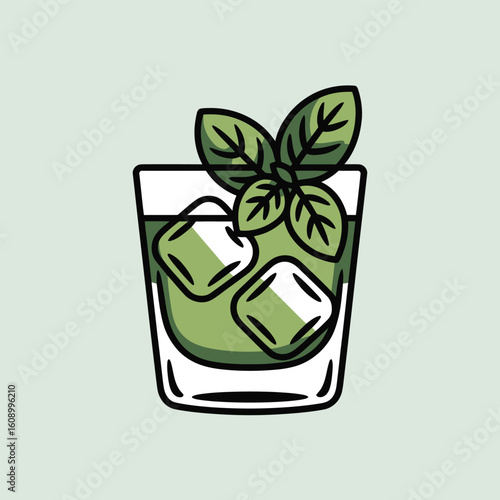 Flat vector illustration of a rocks glass filled with a green beverage garnished with basil leaves and ice cubes on a light green background
