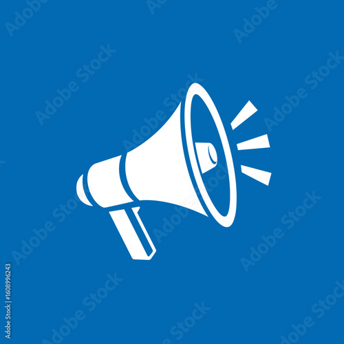 
A flat vector logo of a megaphone, with a blue background color and a white silhouette.
