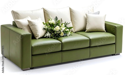 Modern Olive Green Sofa with Cream Pillows and a Fresh Bouquet of White Roses for Elegant Living Room Decor