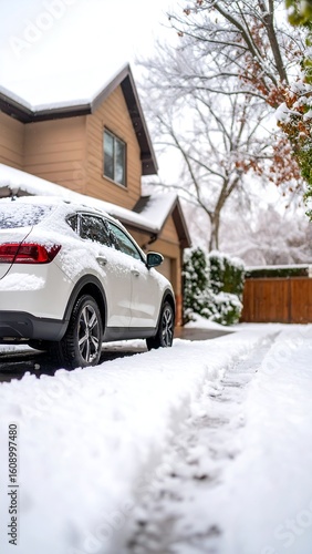 White SUV parked in snowy driveway, house in background