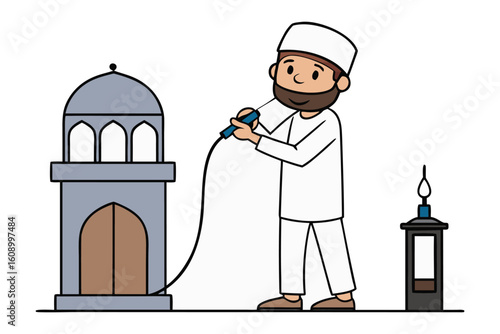 A cheerful cartoon imam holding a microphone near a minaret and a lantern symbolizing islamic religious practice and community gathering