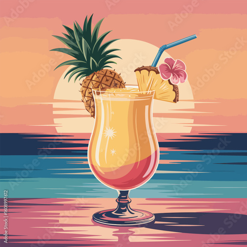 Softly Lit Digital Painting of a Pina Colada Cocktail at Sunset Tropical Beach Scene with Pineapple Garnish Pink Flower and Blue Straw