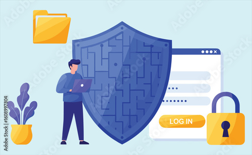 Secure Online Login and Data Protection: User Accessing Digital Information with Cybersecurity Shield and Encrypted Credentials for Privacy