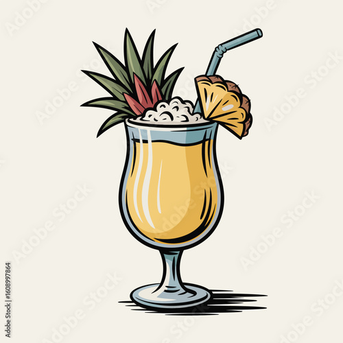 Hand Drawn Illustration of a Pina Colada Cocktail in Hurricane Glass with Pineapple Garnish and Straw Light Beige Background