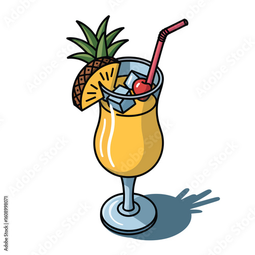 Isometric Vector Illustration of a Pina Colada Cocktail in Hurricane Glass with Pineapple Wedge Ice Cubes and Cherry Garnish Pink Straw