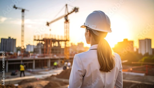 Woman engineer at sunset, overlooking construction site