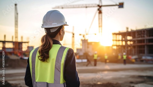 Woman engineer observes construction site at sunset
