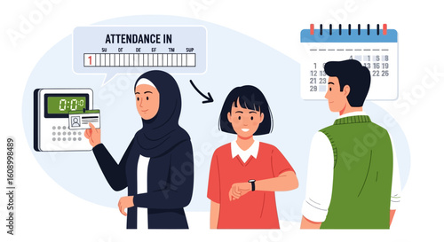 Diverse group using attendance system, checking in with card and clock, showing calendar.