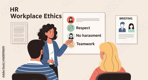 HR manager presents workplace ethics training to employees, emphasizing respect, teamwork, and harassment prevention.