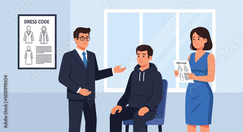 A young man in a hoodie is being reprimanded by two adults for violating the office or school dress code.