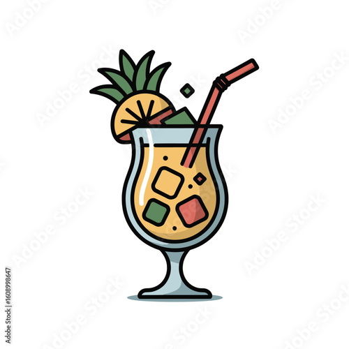 A Flat Vector Illustration of a Pina Colada Cocktail in a Hurricane Glass with a Pineapple Wedge and Straw Yellow Orange Green and Red Colors