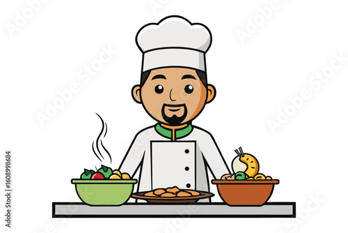 Friendly cartoon chef proudly presents delicious dishes ready for serving in a culinary presentation