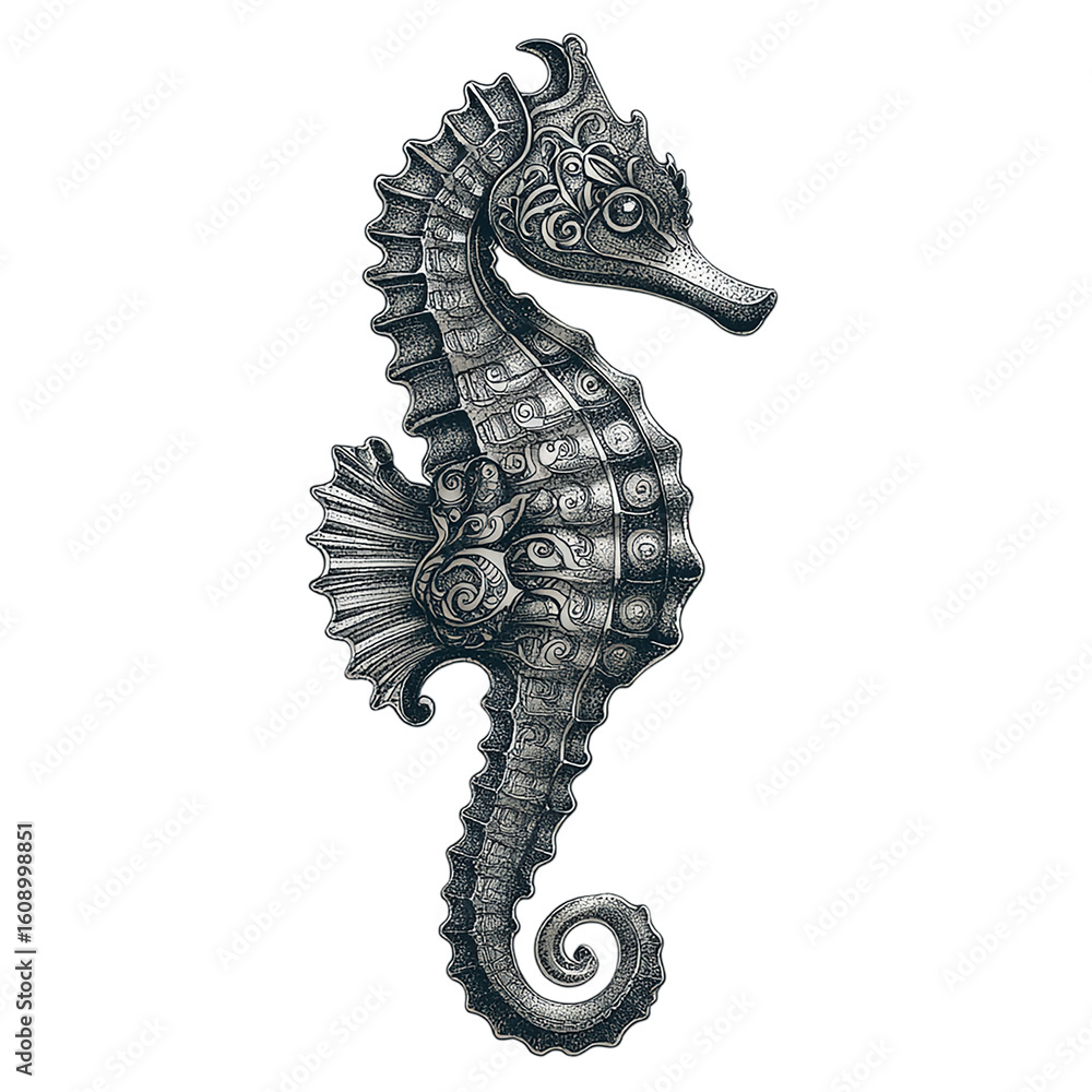 Fototapeta premium Ornate silver seahorse with detailed patterns on a isolated on transparent background