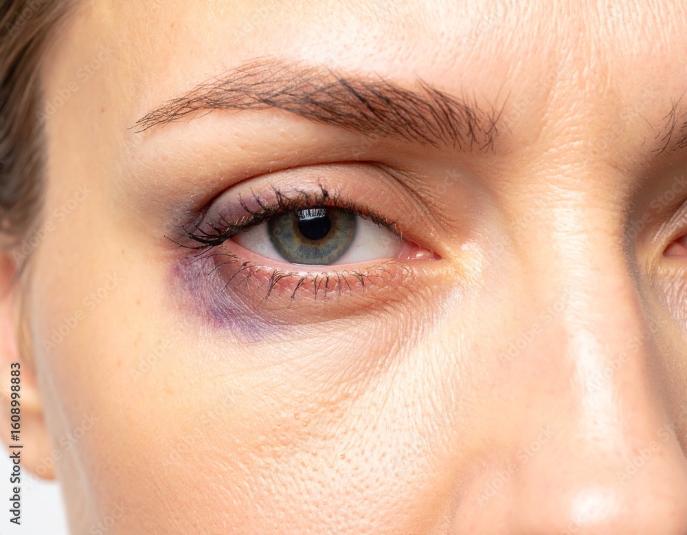 Fototapeta premium Close-up of a bruised area under the eye, showing a dark purple and blue discoloration on the skin