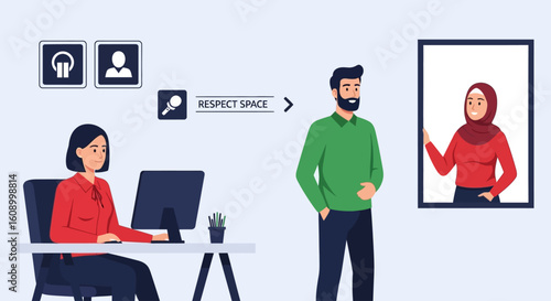 Illustration of a woman working at a desk with a computer, a man standing, and a woman in a hijab displayed on a screen, emphasizing respectful space.