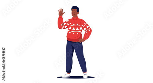 A dark-skinned man in a red patterned sweater stands waving his hand in greeting against a white background.