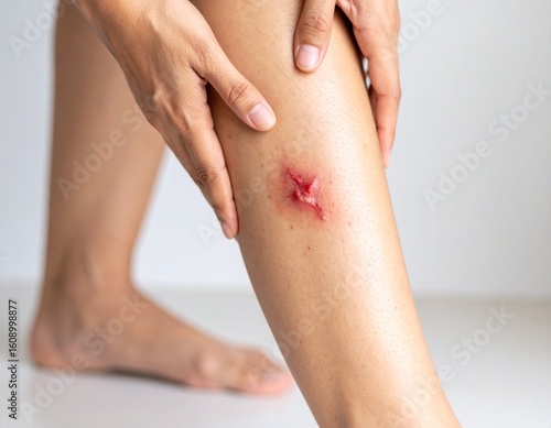 Person's lower leg displaying a visible animal bite wound with redness