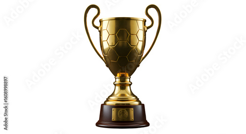 A golden winner's trophy cup with a soccer ball pattern on a wooden base, isolated on a white background.