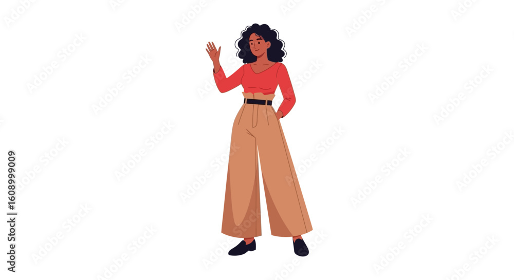 A stylish woman waves, showcasing a confident and approachable demeanor. A stylish woman waves, showcasing a confident and approachable demeanor.