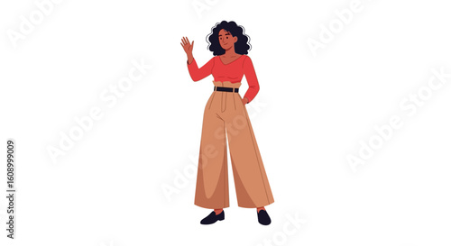 A stylish woman waves, showcasing a confident and approachable demeanor.