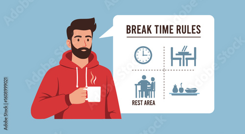 Man reviewing break time rules, enjoying a warm beverage during his rest period.