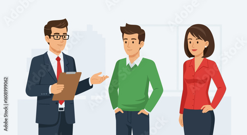 Businessman presenting information to a young couple, possibly regarding financial planning or a purchase.