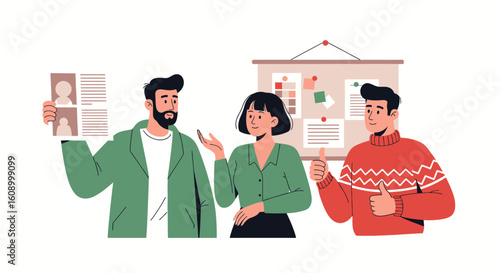 A team of three colleagues collaborates in a meeting, reviewing profiles while one gives a thumbs-up.
