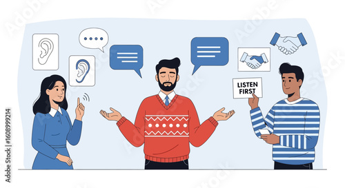 A diverse group of three individuals illustrating principles of effective communication, active listening, and mutual understanding in a dialogue setting.