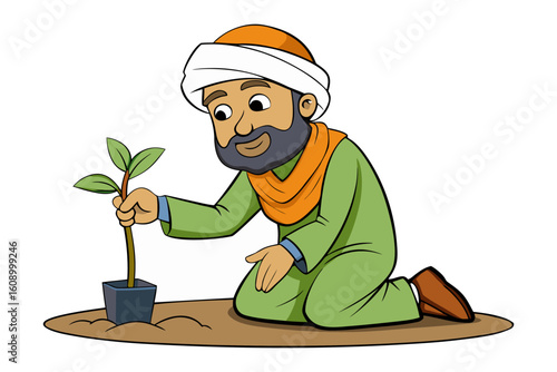 A kind bearded man wearing a turban and traditional robes kneels to plant a small sapling in the earth