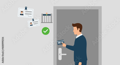 Man using an access card to unlock a door, with ID badges and security elements indicating successful entry.