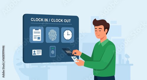 A man using a digital clock-in/clock-out system with fingerprint, ID card, and mobile phone options.