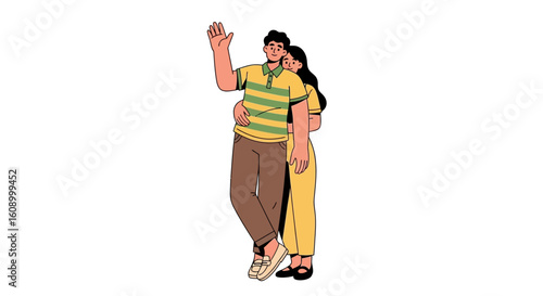 Smiling couple embracing, one waving, stylized illustration.