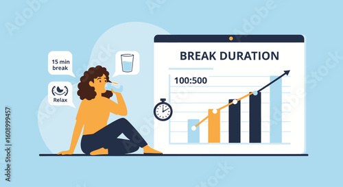 Woman taking a water break, monitored by a break duration graph.
